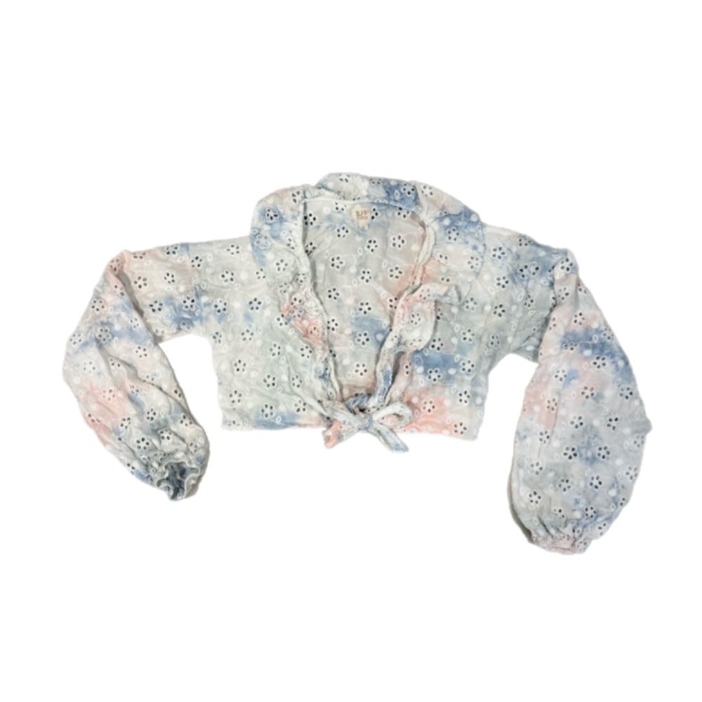 Surf Gypsy Pastel Floral Tie-Dye Lace Eyelet Tie Front Ruffle Neck Crop Small